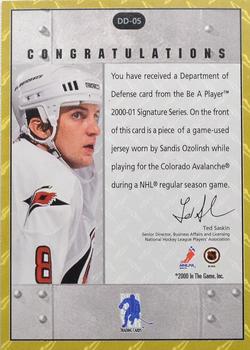 2000-01 Be a Player Signature Series - Department of Defense #DD-05 Sandis Ozolinsh Back