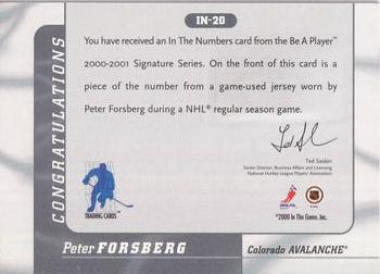2000-01 Be a Player Signature Series - Jersey Numbers #IN-20 Peter Forsberg Back