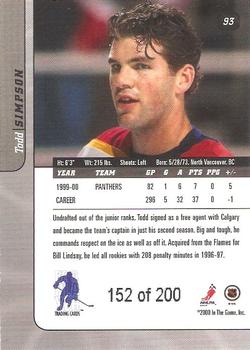 2000-01 Be a Player Signature Series - Ruby #93 Todd Simpson Back