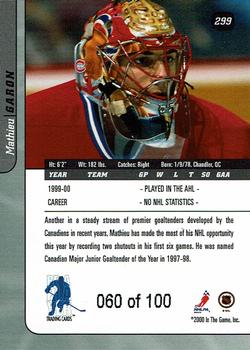 2000-01 Be a Player Signature Series - Sapphire #299 Mathieu Garon Back