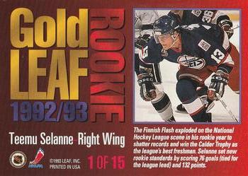 1993-94 Leaf - Gold Leaf Rookie #1 Teemu Selanne Back