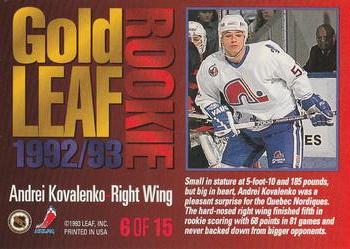 1993-94 Leaf - Gold Leaf Rookie #6 Andrei Kovalenko Back