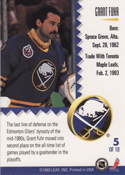 1993-94 Leaf - Painted Warriors #5 Grant Fuhr Back