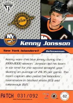 2000-01 Pacific Private Stock Titanium Draft Day - Patches #62 Kenny Jonsson Back