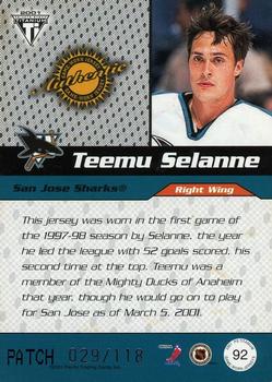 2000-01 Pacific Private Stock Titanium Draft Day - Patches #92 Teemu Selanne Back