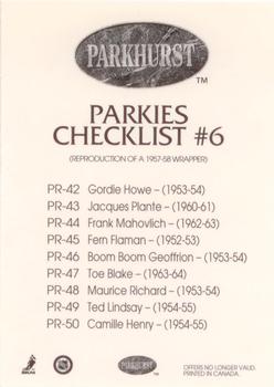 1993-94 Parkhurst - Parkie Reprints #CL6 Parkies Checklist 6 Back