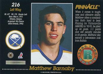 1993-94 Pinnacle #216 Matthew Barnaby Back