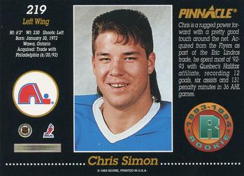 1993-94 Pinnacle #219 Chris Simon Back