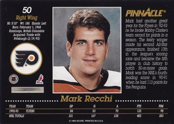 1993-94 Pinnacle #50 Mark Recchi Back