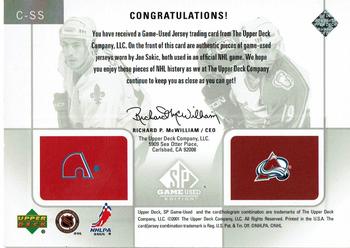 2000-01 SP Game Used - Tools of the Game Combos #C-SS Joe Sakic Back