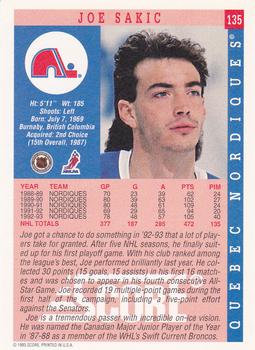1993-94 Score #135 Joe Sakic Back