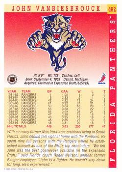 1993-94 Score #492 John Vanbiesbrouck Back