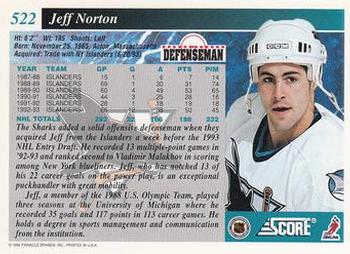 1993-94 Score #522 Jeff Norton Back