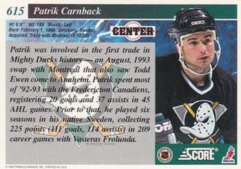 1993-94 Score #615 Patrik Carnback Back