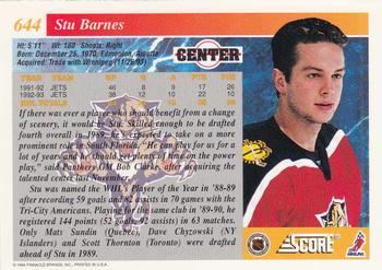 1993-94 Score #644 Stu Barnes Back