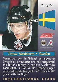 1993-94 Score - International Stars #21 Tomas Sandstrom Back