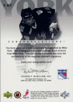 2000-01 Upper Deck - Signs of Greatness #S-MY Mike York Back