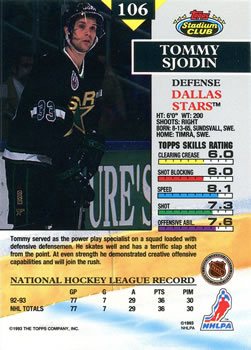 1993-94 Stadium Club #106 Tommy Sjodin Back