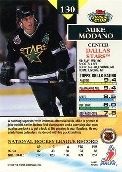 1993-94 Stadium Club #130 Mike Modano Back