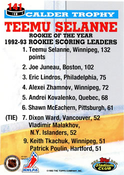 1993-94 Stadium Club #141 Teemu Selanne Back