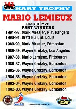1993-94 Stadium Club #143 Mario Lemieux Back