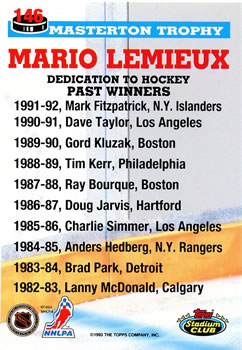 1993-94 Stadium Club #146 Mario Lemieux Back