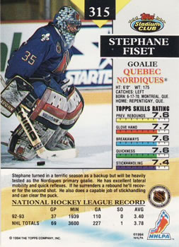 1993-94 Stadium Club #315 Stephane Fiset Back