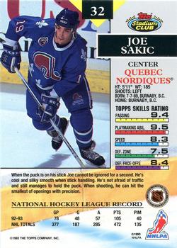 1993-94 Stadium Club #32 Joe Sakic Back