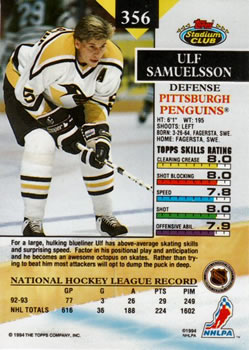 1993-94 Stadium Club #356 Ulf Samuelsson Back