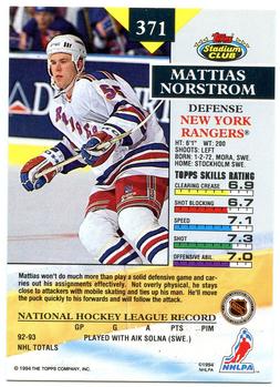 1993-94 Stadium Club #371 Mattias Norstrom Back