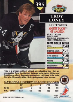 1993-94 Stadium Club #395 Troy Loney Back