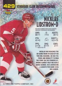 1993-94 Stadium Club #429 Nicklas Lidstrom Back