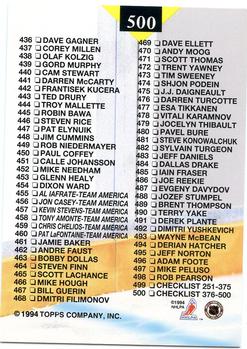 1993-94 Stadium Club #500 Checklist: 376-500 Back