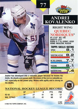 1993-94 Stadium Club #77 Andrei Kovalenko Back
