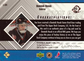 2000-01 Upper Deck Black Diamond - Game Gear #L-DH Dominik Hasek Back