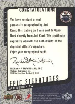 2000-01 Upper Deck Legends - Epic Signatures #JK Jari Kurri Back