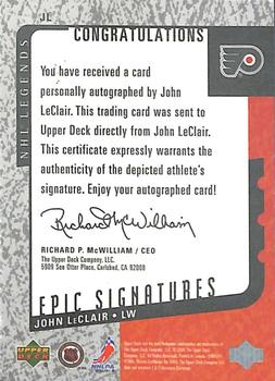 2000-01 Upper Deck Legends - Epic Signatures #JL John LeClair Back