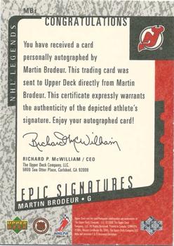 2000-01 Upper Deck Legends - Epic Signatures #MBR Martin Brodeur Back