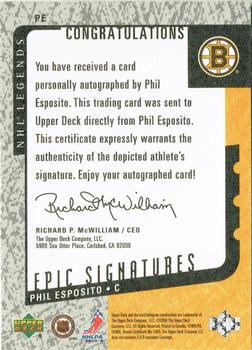 2000-01 Upper Deck Legends - Epic Signatures #PE Phil Esposito Back