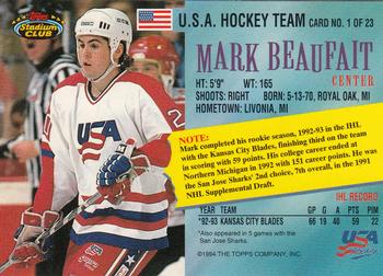 1993-94 Stadium Club - Team USA #1 Mark Beaufait Back