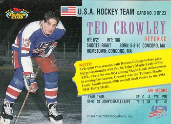 1993-94 Stadium Club - Team USA #3 Ted Crowley Back