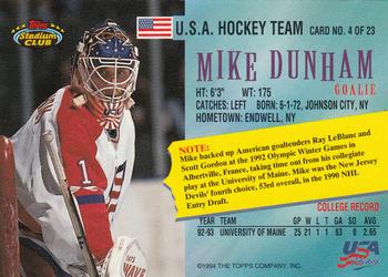 1993-94 Stadium Club - Team USA #4 Mike Dunham Back