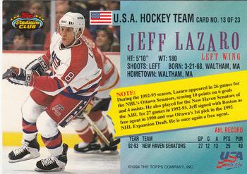 1993-94 Stadium Club - Team USA #13 Jeff Lazaro Back