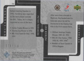 2000-01 Upper Deck Legends - Legendary Collection Silver #36 Patrick Roy / Peter Forsberg Back
