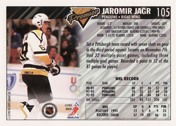 1993-94 Topps Premier #105 Jaromir Jagr Back