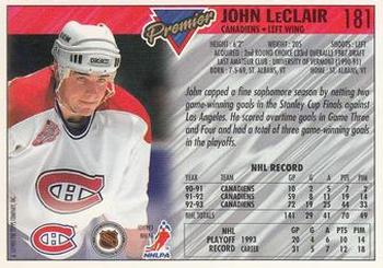 1993-94 Topps Premier #181 John LeClair Back