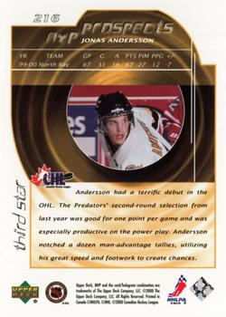 2000-01 Upper Deck MVP - Third Star #216 Jonas Andersson Back