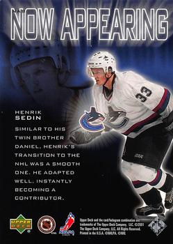 2000-01 Upper Deck Pros & Prospects - Now Appearing #NA8 Henrik Sedin Back