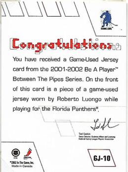 2001-02 Be a Player Between the Pipes - Jerseys #GJ-10 Roberto Luongo Back