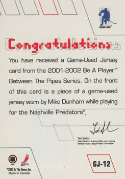 2001-02 Be a Player Between the Pipes - Jerseys #GJ-12 Mike Dunham Back